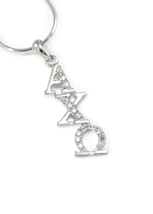 Necklace - Alpha Chi Omega Sterling Silver Diagonal Lavaliere With Simulated Diamonds