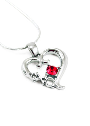 Necklace - Alpha Chi Omega Sterling Silver Heart Pendant With Red CZ Crystal