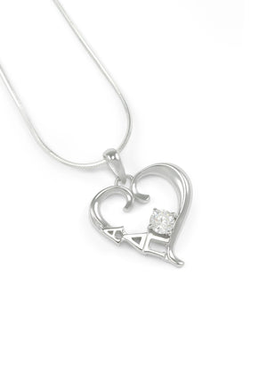 Necklace - Alpha Delta Pi Sterling Silver Heart Pendant With Clear CZ Crystal