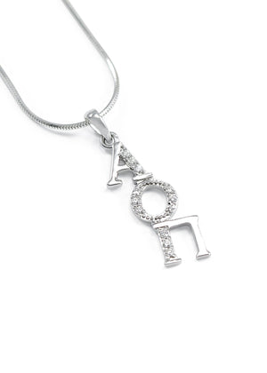 Necklace - Alpha Omicron Pi Sterling Silver Diagonal Lavaliere With Simulated Diamonds