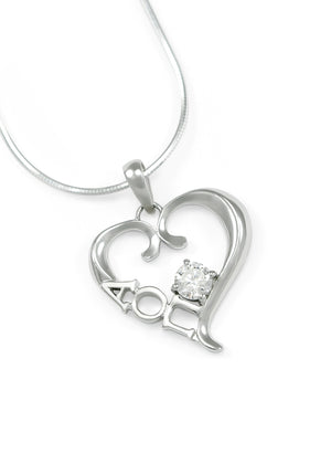 Necklace - Alpha Omicron Pi Sterling Silver Heart Pendant With Clear CZ Crystal