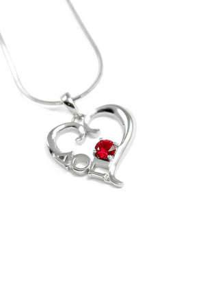 Necklace - Alpha Omicron Pi Sterling Silver Heart Pendant With CZ Red Crystal