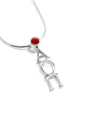 Necklace - Alpha Omicron Pi Sterling Silver Lavaliere Pendant With Red CZ Crystal