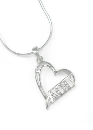 Necklace - Alpha Omicron Pi Tilted Heart Pendant With Simulated Diamonds