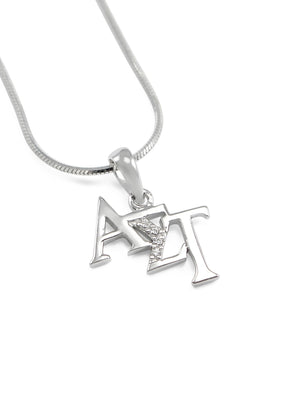 Necklace - Alpha Sigma Tau Sterling Silver Diagonal Lavaliere With Simulated Diamonds