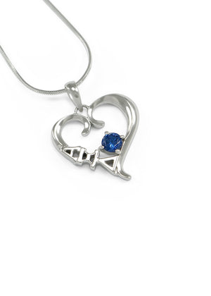 Necklace - Alpha Xi Delta Sterling Silver Heart Pendant With Blue CZ Crystal