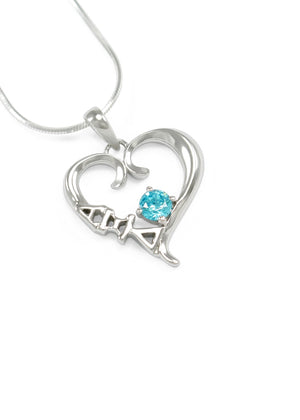 Necklace - Alpha Xi Delta Sterling Silver Heart Pendant With Light Blue CZ Crystal