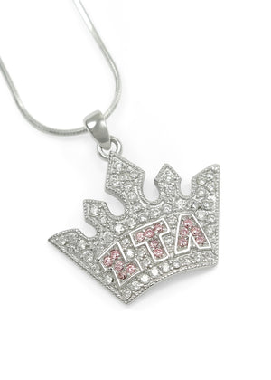 Necklace - Zeta Tau Alpha Crown Pendant With Pink Letters And CZs