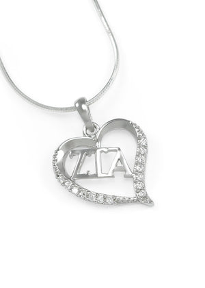 Necklace - Zeta Tau Alpha Sterling Silver Heart Pendant With Simulated Diamonds