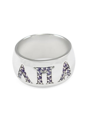 Ring - Lambda Pi Alpha Sterling Silver Dome Ring With Greek Letters And Purple CZs
