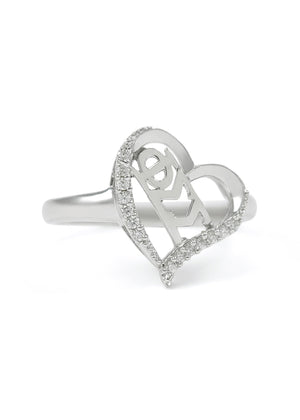Ring - Phi Sigma Sigma Sterling Silver Heart Ring With Simulated Diamonds