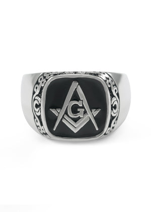 Ring - Squared Masonic Ring With Filigree Design And Black Enamel