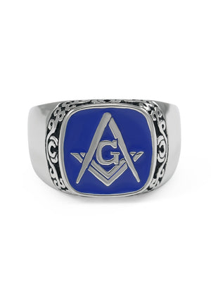Ring - Sterling Silver Masonic Ring With Square And Compass & Blue Enamel