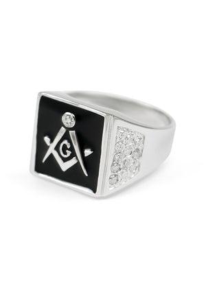 Ring - Sterling Silver Square Masonic Ring With Black Enamel
