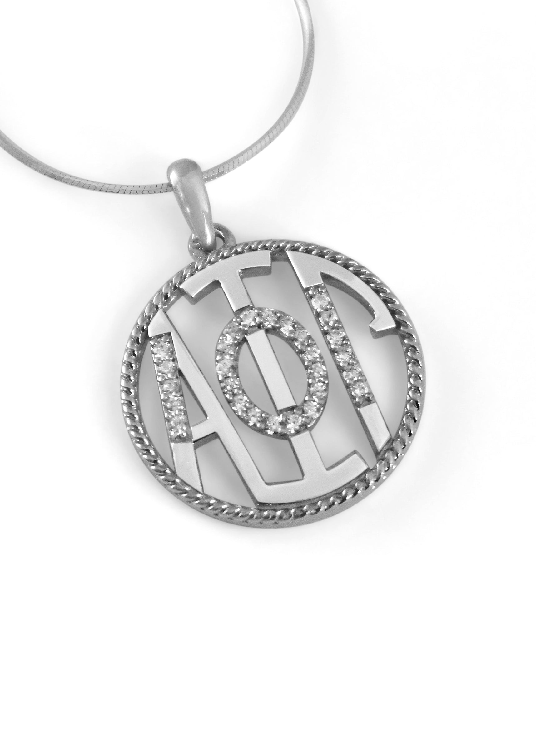 Alpha Phi Gamma Sterling Silver Round Pendant with Pave Simulated Diamonds