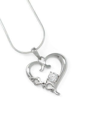 Necklace - Alpha Chi Omega Sterling Silver Heart Pendant With CZ Clear Crystal