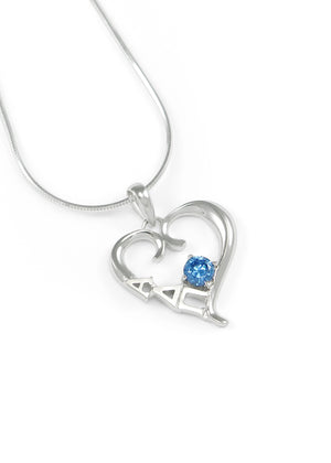 Necklace - Alpha Delta Pi Sterling Silver Heart Pendant With Blue CZ Crystal