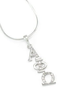 Necklace - Alpha Phi Omega Sterling Silver Diagonal Lavaliere With Simulated Diamonds