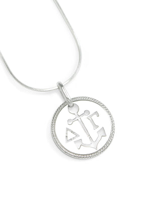 Necklace - Delta Gamma Sterling Silver Circular Pendant With Cut-Out Anchor And Letters