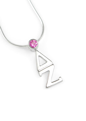 Necklace - Delta Zeta Sterling Silver Lavaliere Pendant With Pink CZ Crystal