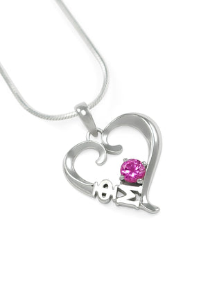 Necklace - Phi Mu Sterling Silver Heart Pendant With Rose CZ Crystal