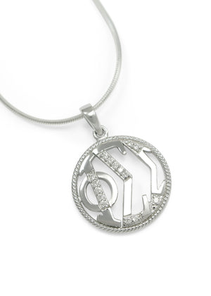 Necklace - Phi Sigma Sigma Sterling Silver Round Pendant With Simulated Diamonds