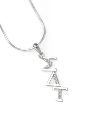 Pendant - Sigma Delta Tau Sterling Silver Horizontal Lavaliere With Simulated Diamonds