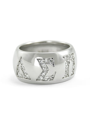 Ring - Delta Sigma Pi Sterling Silver Ring With Pave Cubic Zirconia Greek Letters