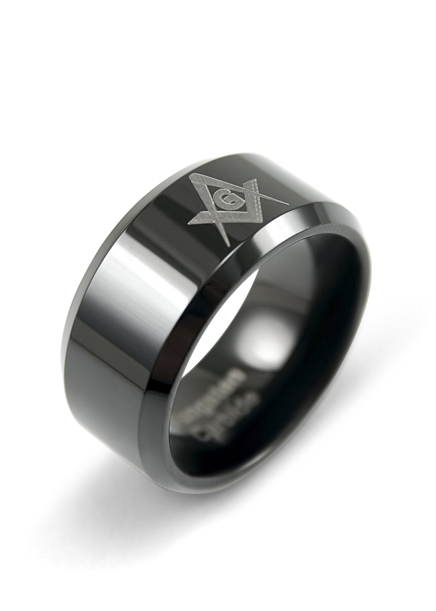 Masonic Black Tungsten Ring with Square and Compass