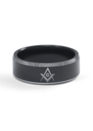 Ring - Masonic Black Tungsten Ring With Square And Compass
