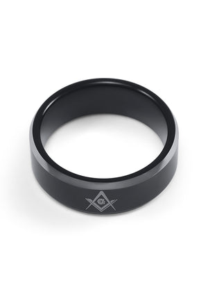 Ring - Masonic Black Tungsten Ring With Square And Compass