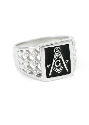 Ring - Square Faced Masonic Ring With Black Enamel And Checkered CZs