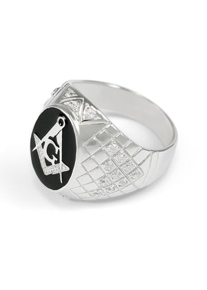 Ring - Sterling Silver Masonic Ring With Black Enamel And CZs