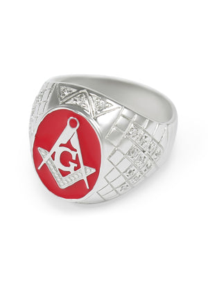Ring - Sterling Silver Masonic Ring With Coral Red Enamel And CZs