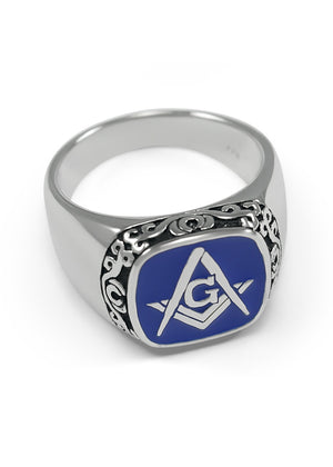 Ring - Sterling Silver Masonic Ring With Square And Compass & Blue Enamel