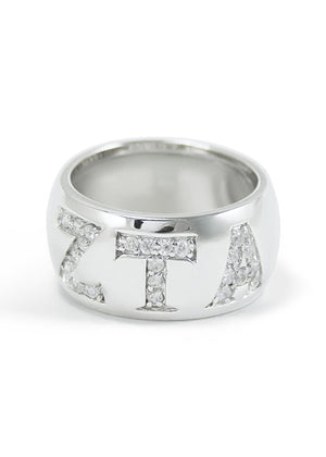 Ring - Zeta Tau Alpha Sterling Silver Ring With Pave Cubic Zirconia Greek Letters